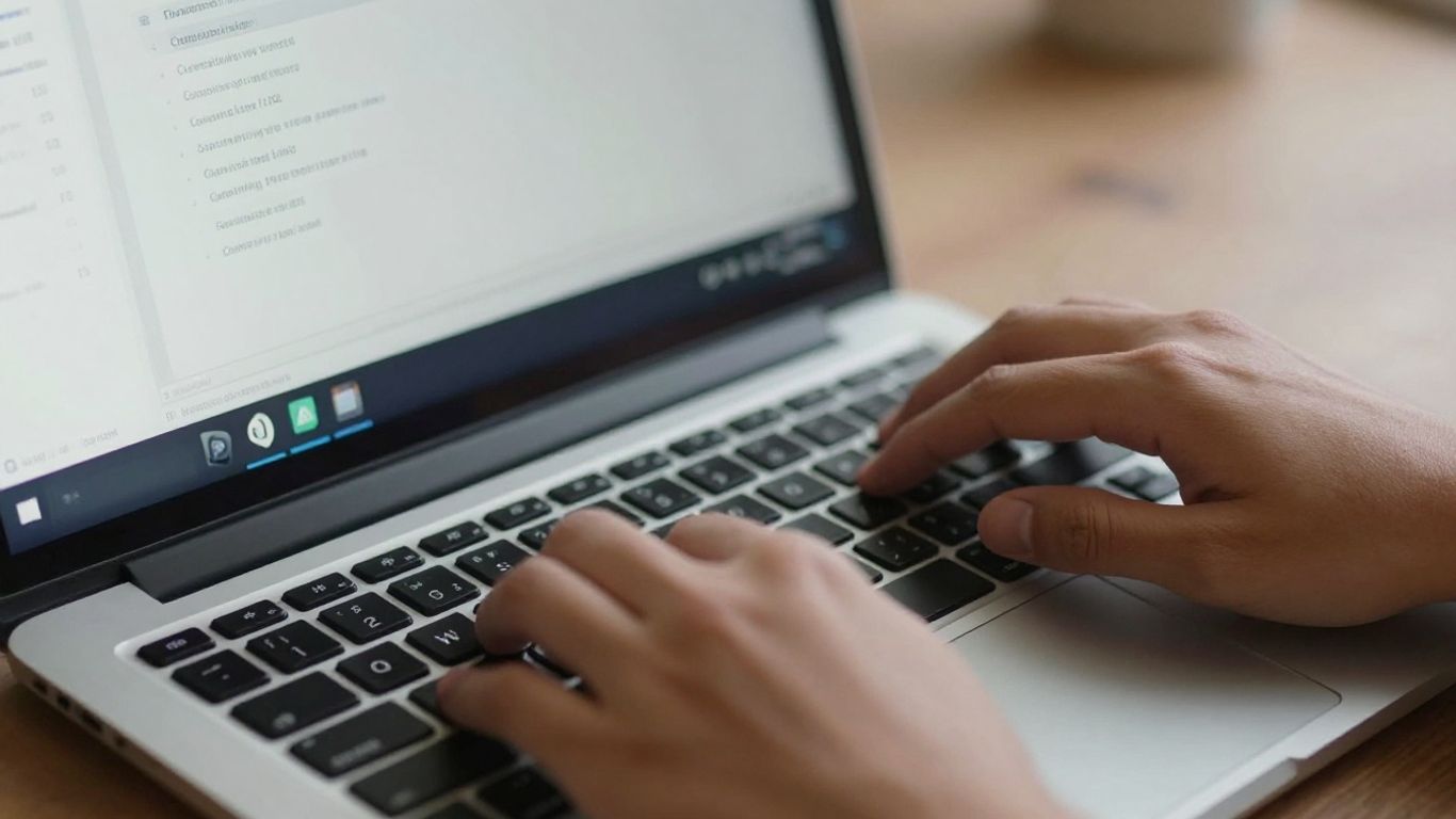 Hands typing on a laptop with contact information on screen.