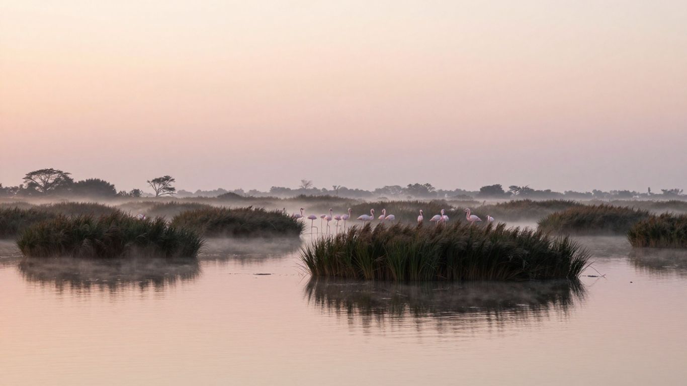 Pink flamingos across a quiet sunrise lagoon