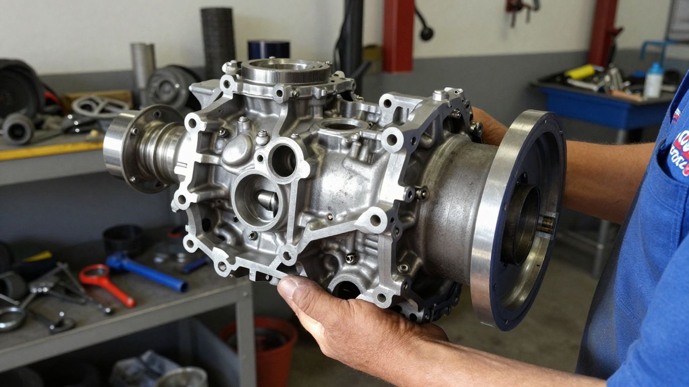 Mechanic holding car gearbox in Caboolture workshop.