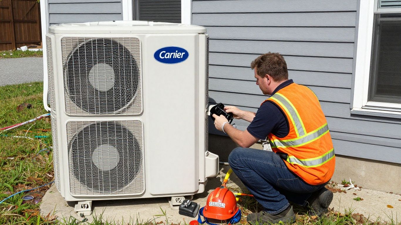 Technician repairing Carrier AC unit outside Michigan home