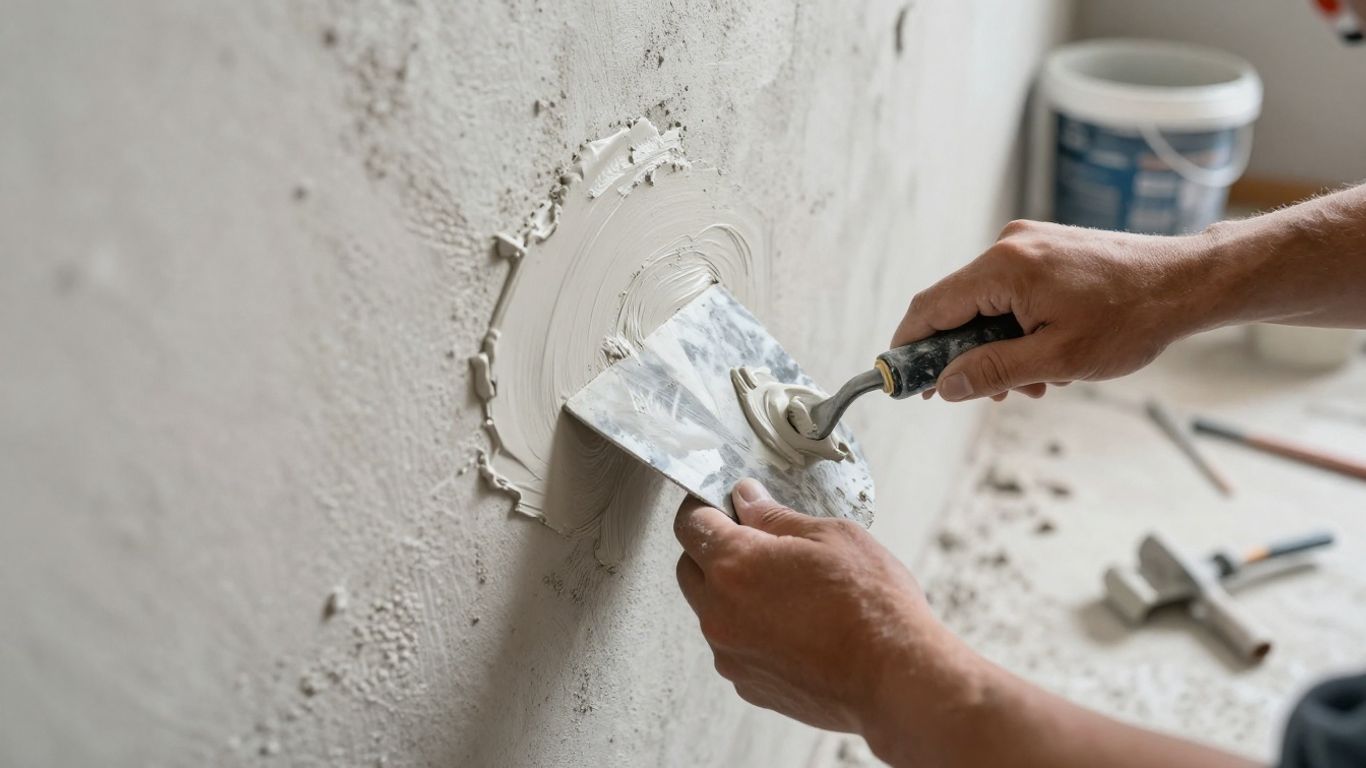 Plasterer smoothing concrete wall with trowel.