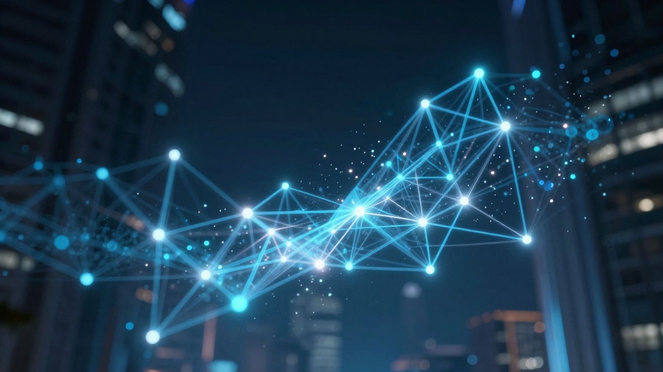 Abstract digital networks and futuristic architecture, glowing with light.