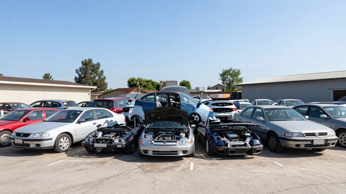 Salvage yard filled with organized vehicle parts