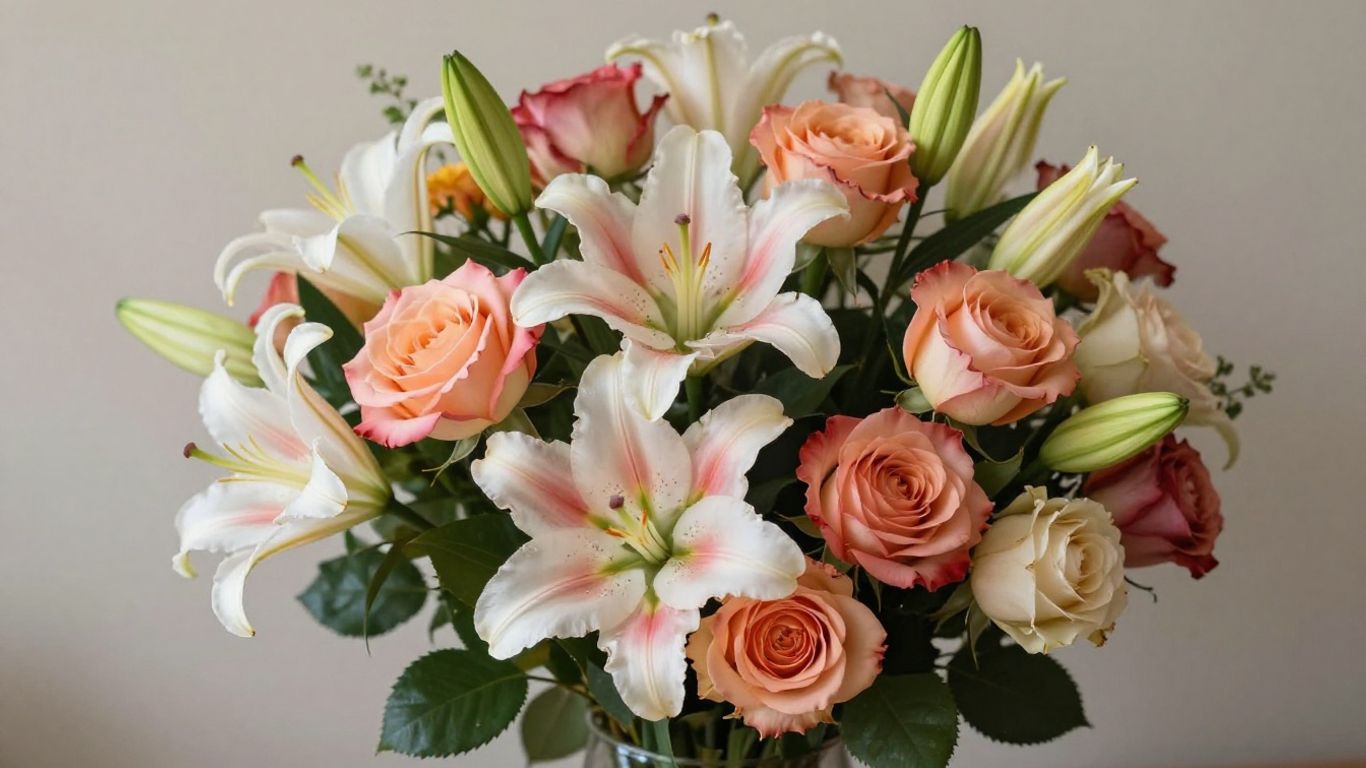 Stunning floral bouquet with vibrant roses and lilies.