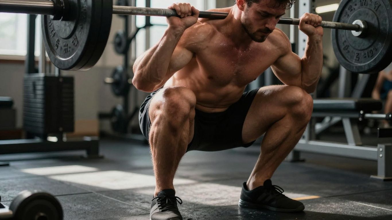 Person performing a deep barbell squat, focusing on quads.