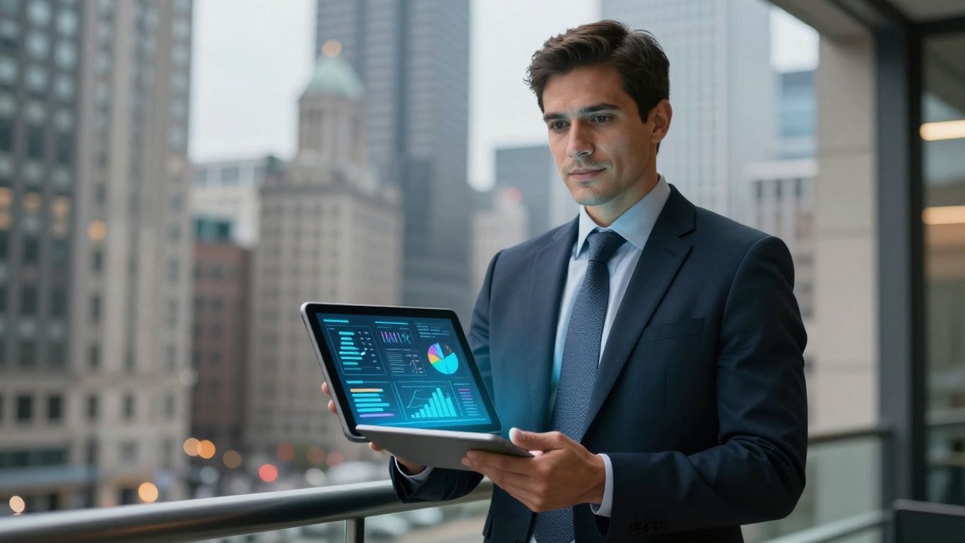 Chicago insurance broker with tablet and city background.
