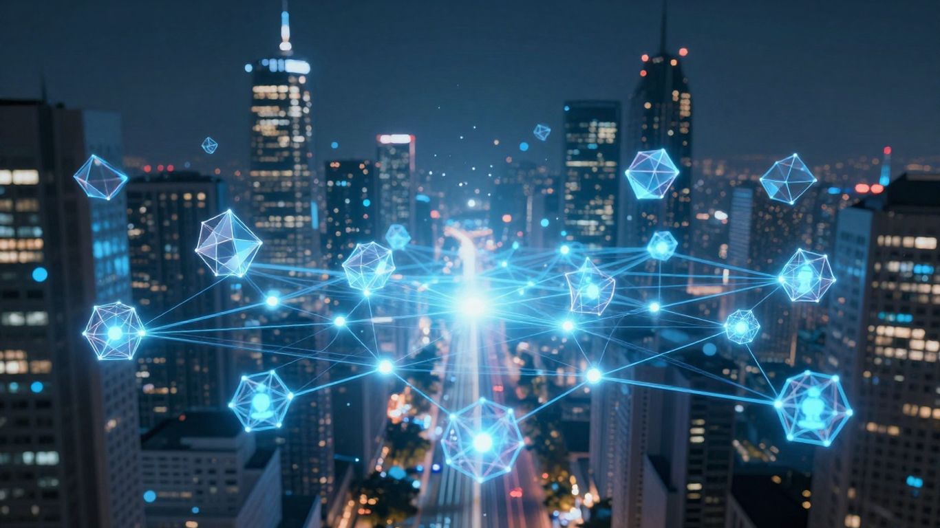 Blockchain network with futuristic city background.