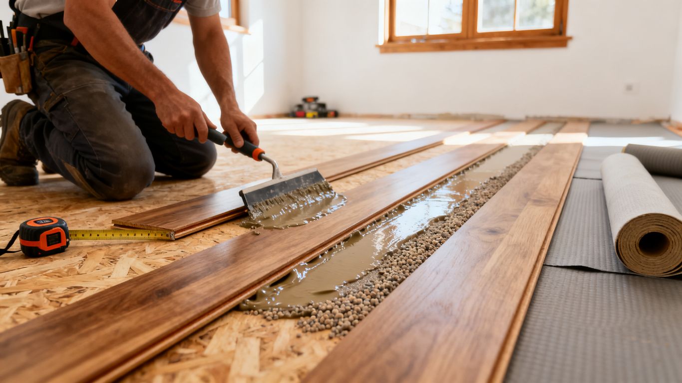 Timber flooring installation beside prepared subfloor