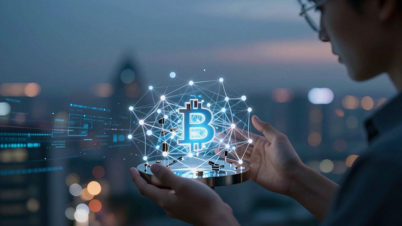 Blockchain developer salary concept with glowing network model.