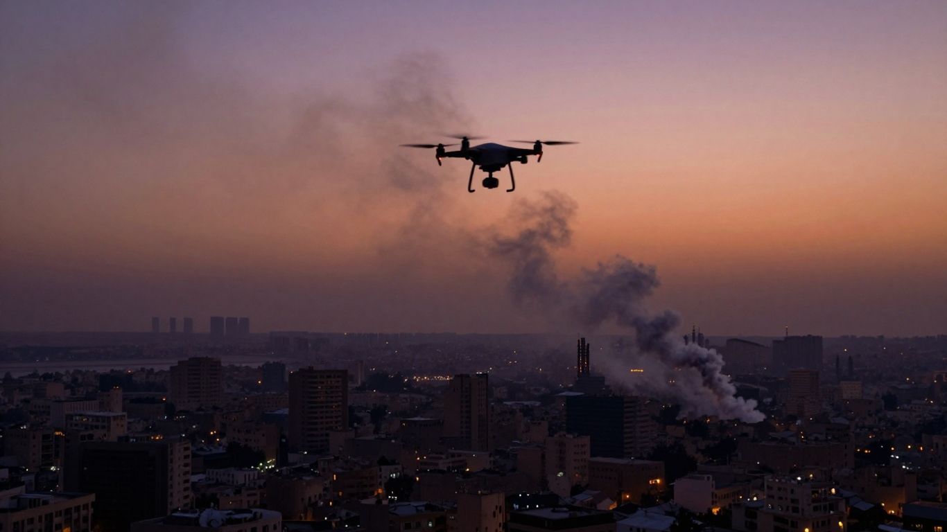 Drone flying over Middle Eastern city with smoke.