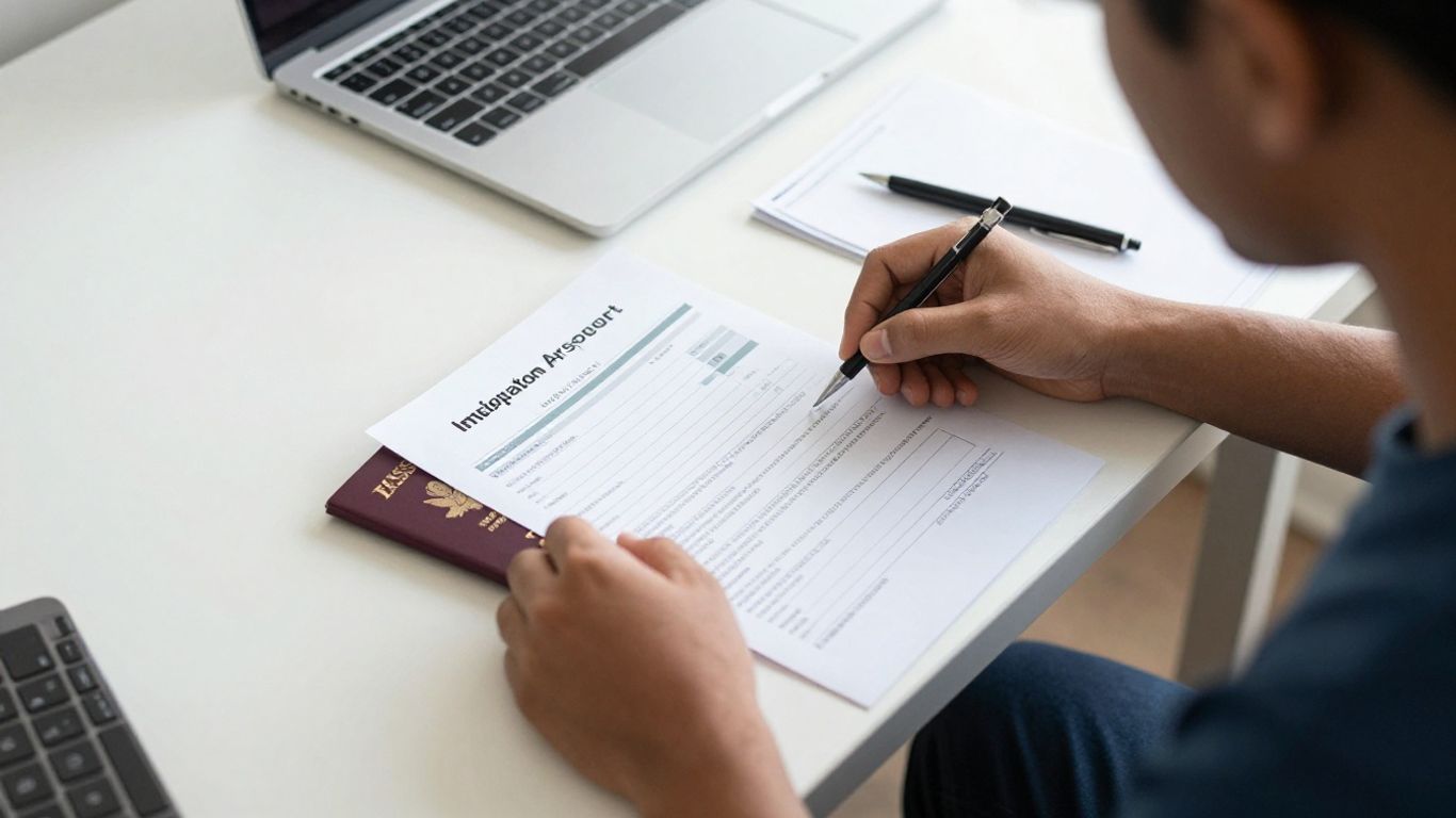Persona revisando documentos migratorios en una mesa