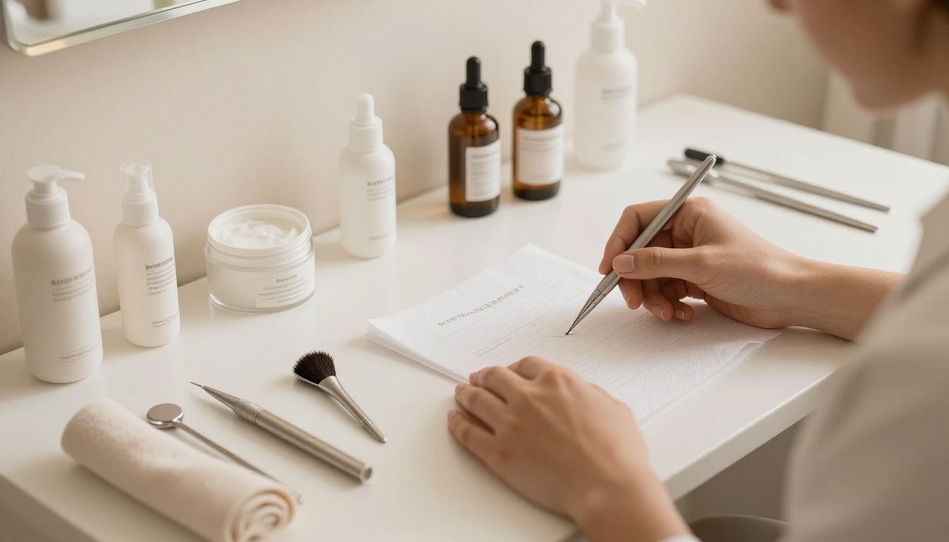 A clean and professional workspace at a spa showing high-end permanent makeup tools, soft natural lighting, and a relaxing beige color palette