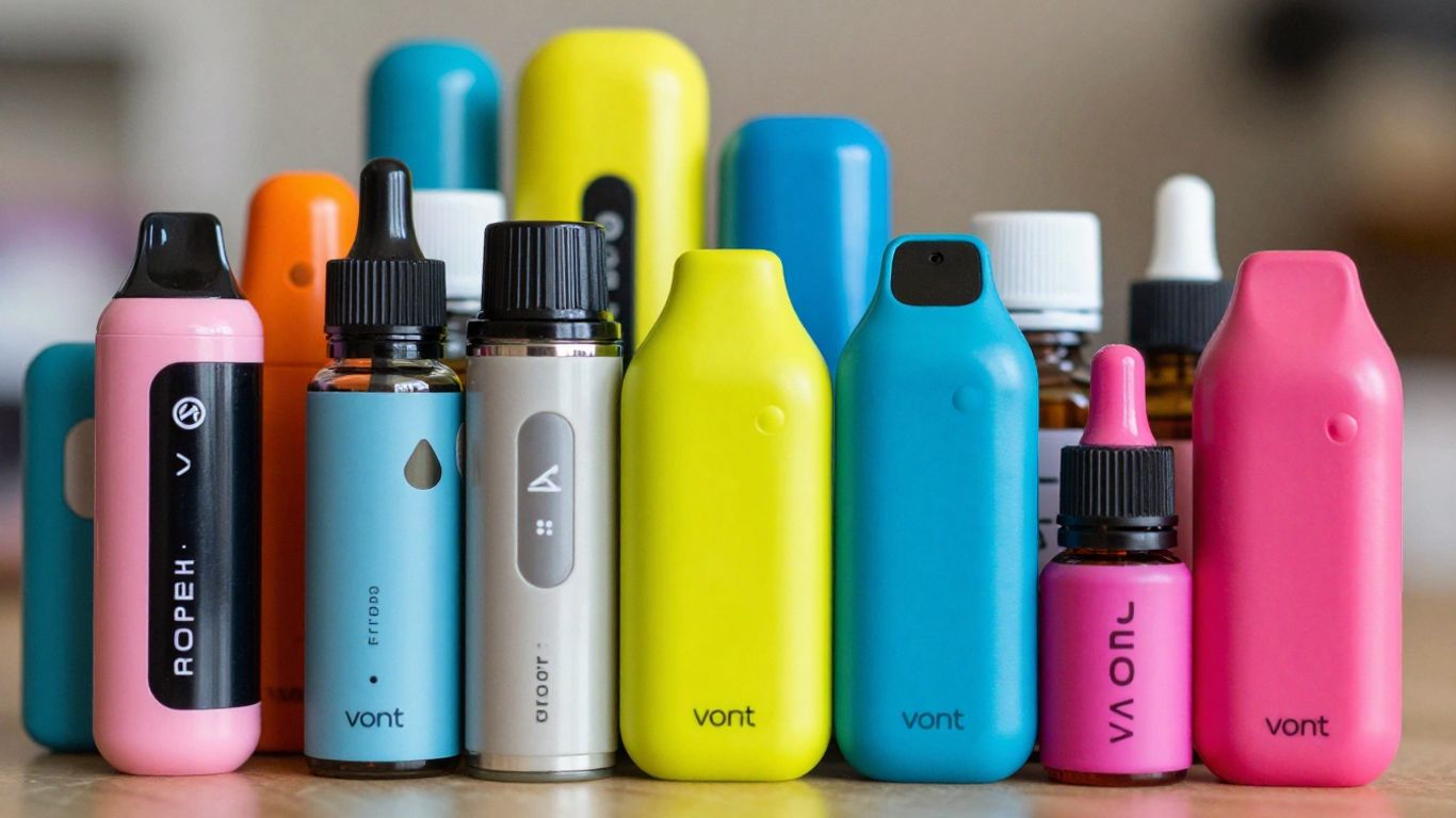 Färgglada Vont vape-pods och e-vätskor i närbild.