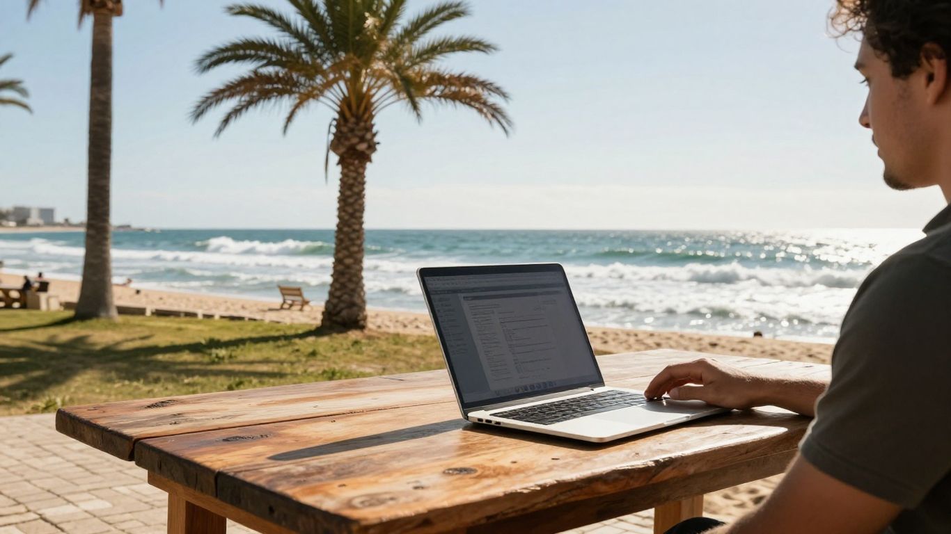 Digital nomad working on a laptop in Portugal.