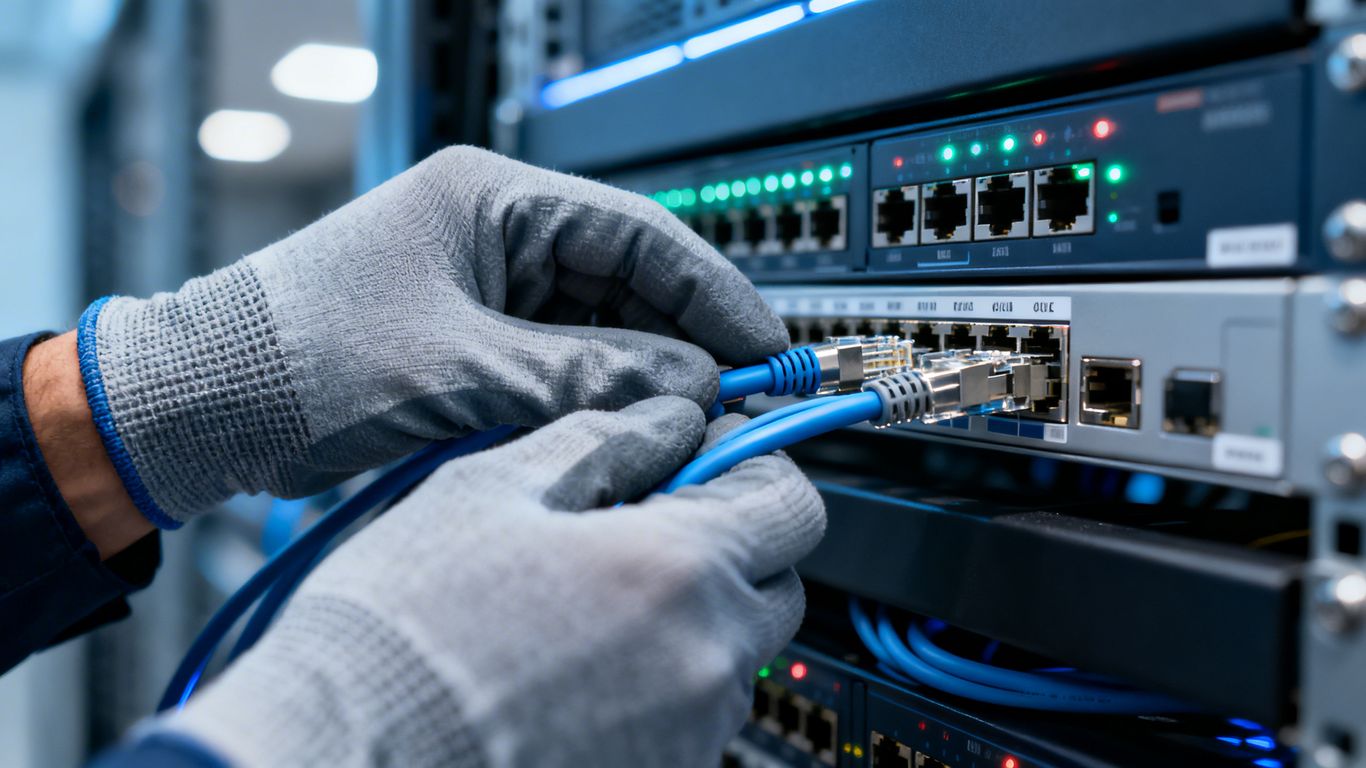 Technician connecting network cables in a server room.