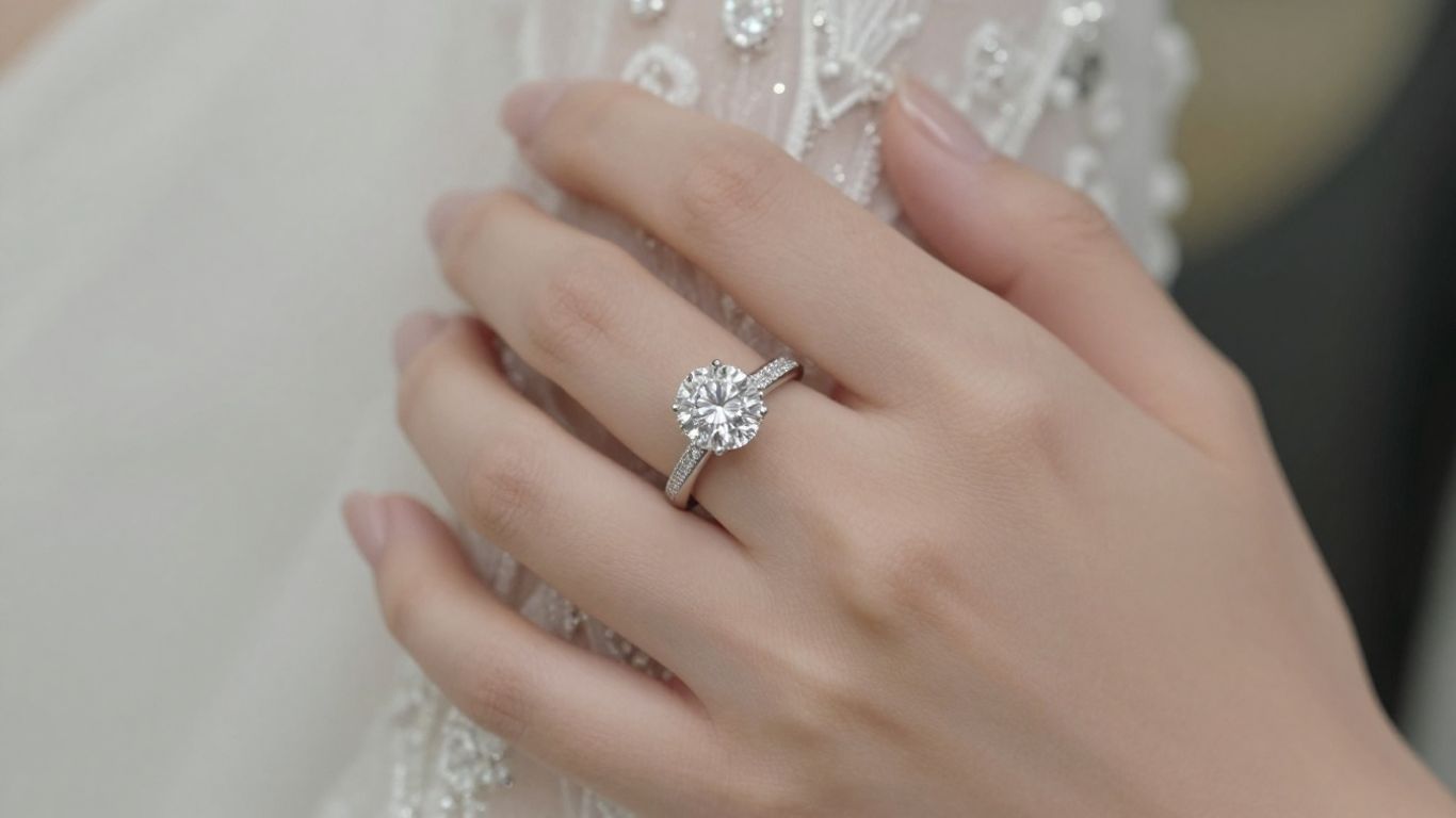 Bride's hand with diamond ring and earrings.