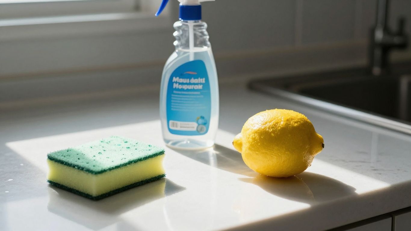 Disinfectant spray bottle and sponge on a clean kitchen counter.