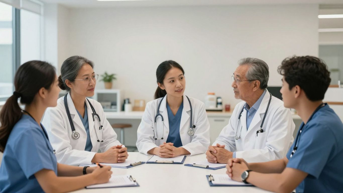 Diverse American healthcare team communicating effectively in a clinic.