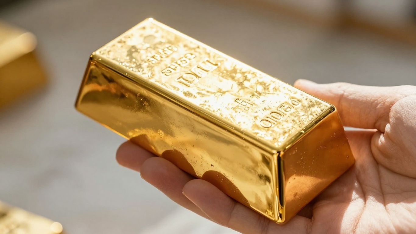 Main d'or tenant une barre d'or brillant.