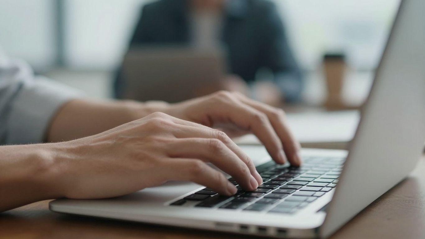 Hands typing on a laptop keyboard