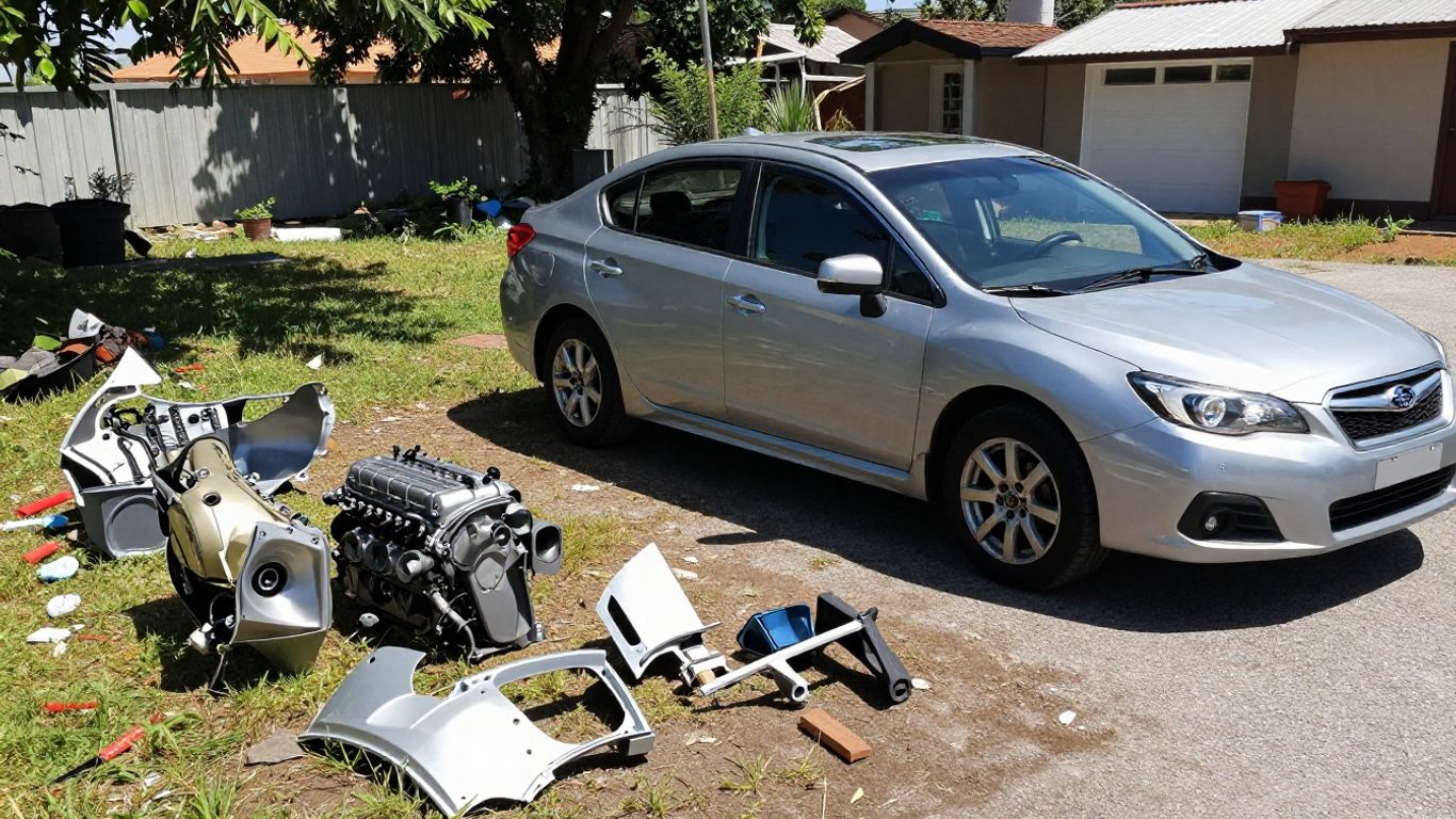 Subaru car parts being salvaged by wreckers in Darwin.
