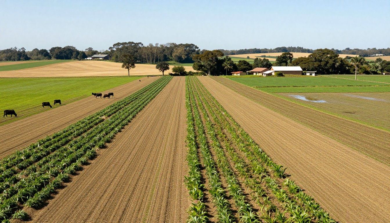 Vista aérea de uma fazenda digital colorida e organizada com campos de cultivo e animais