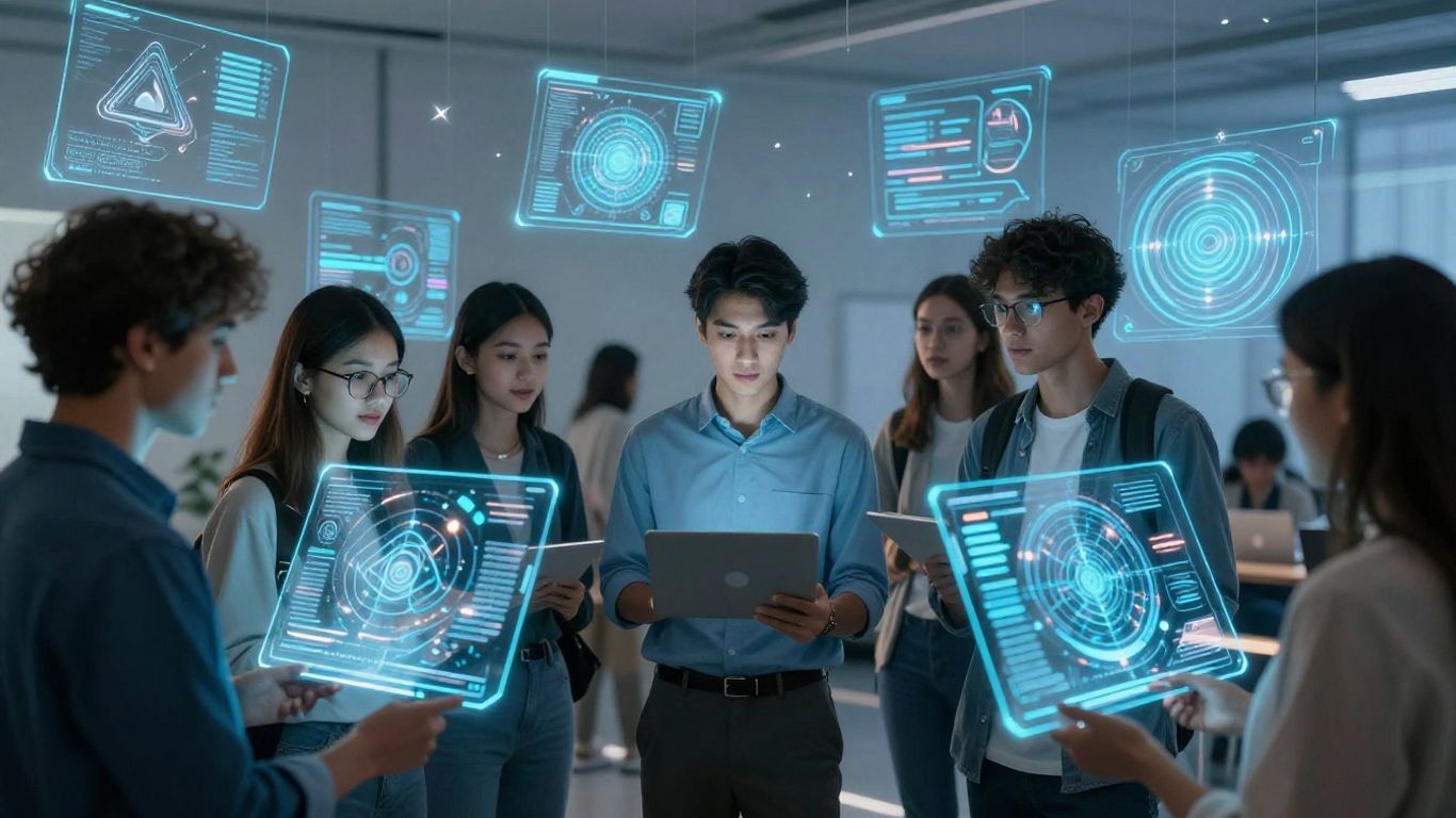 Students and educators interacting with AI interfaces.