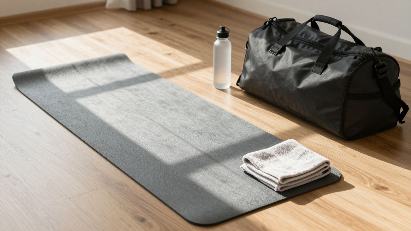 Yoga mat rolled beside a travel bag