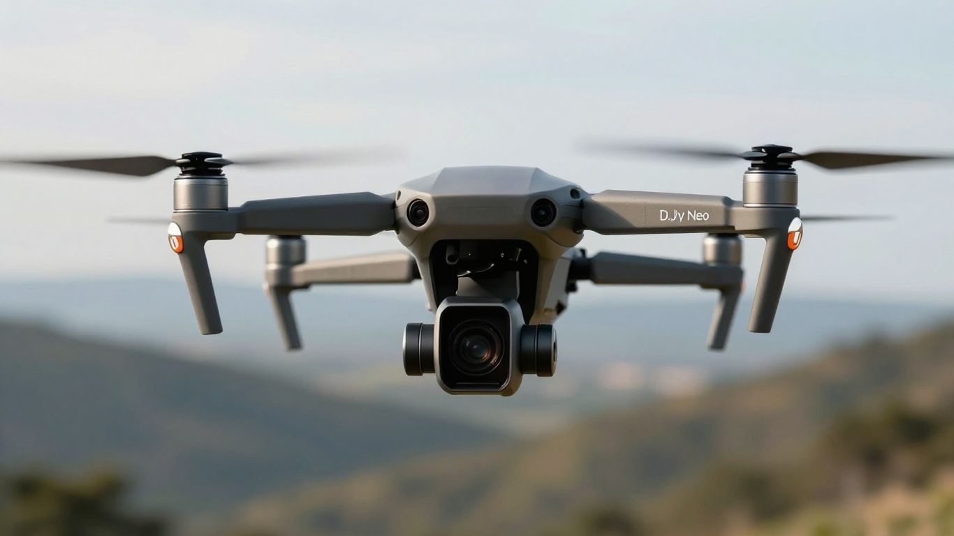 DJI Neo 2 drone hovering in the air.