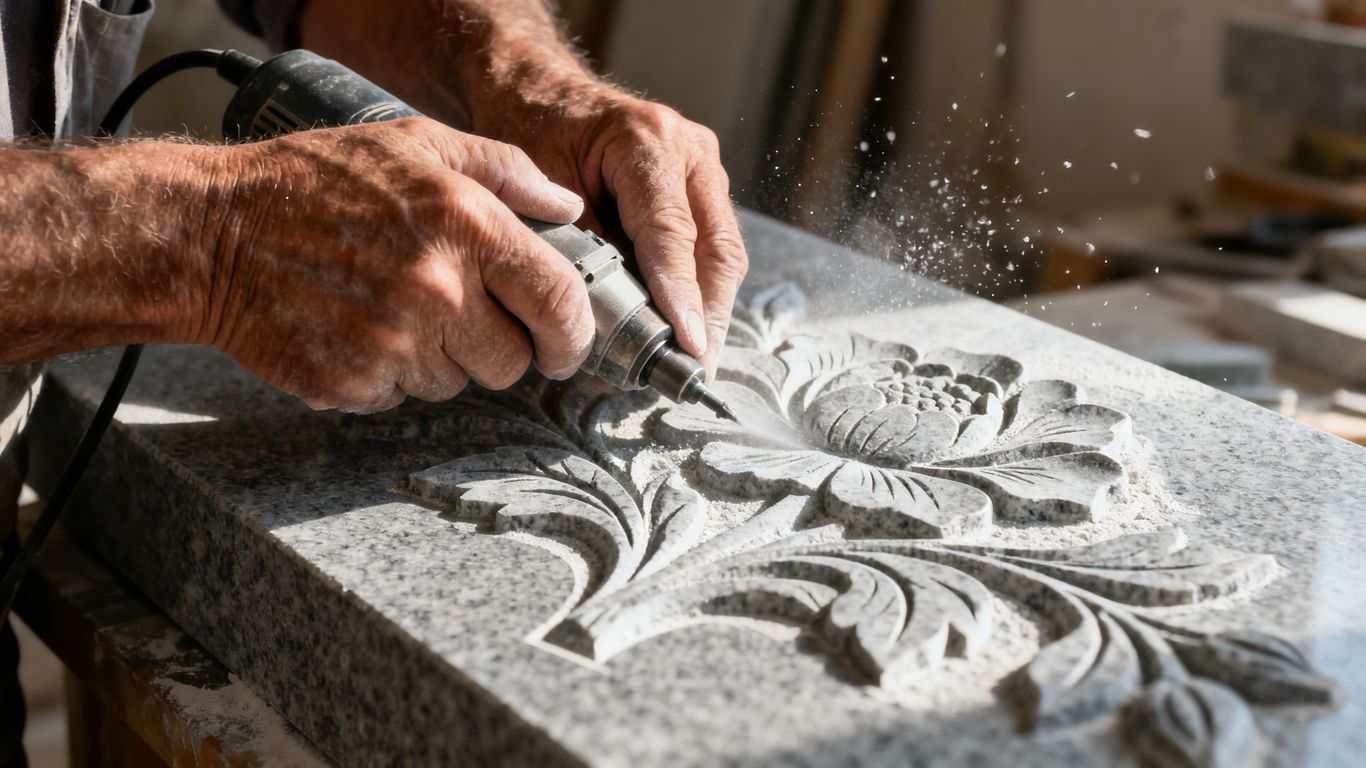 Detailed engraving work on a granite surface