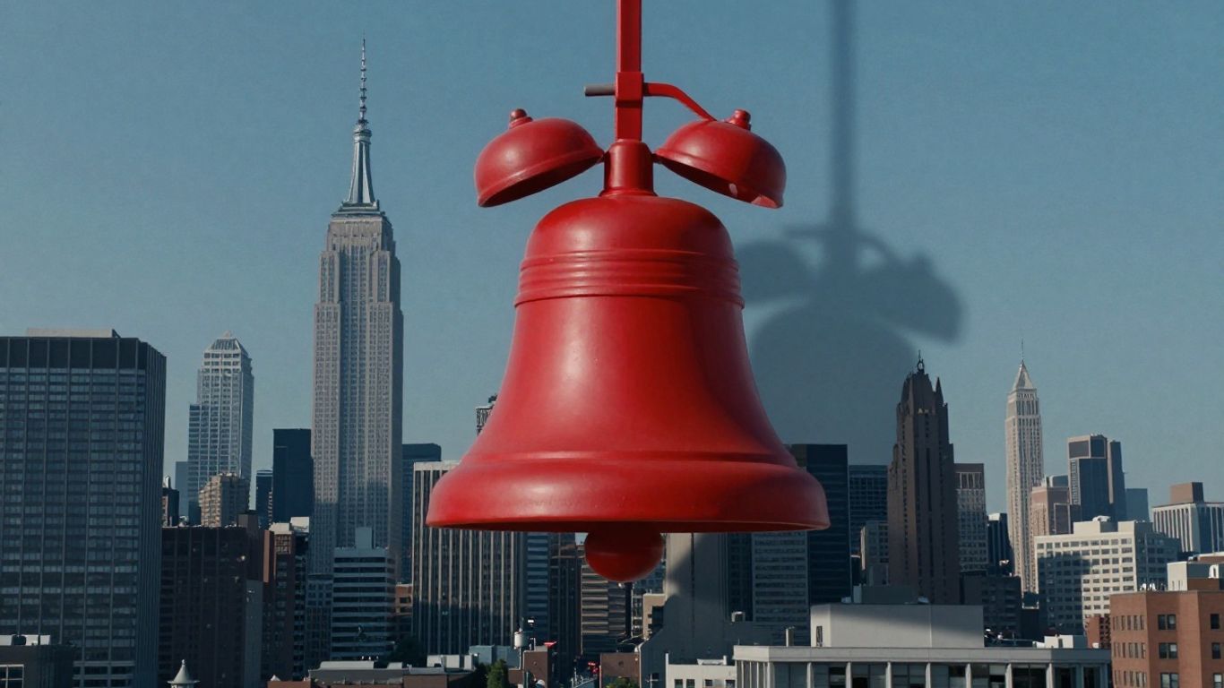 Queens skyline with a red alarm bell.