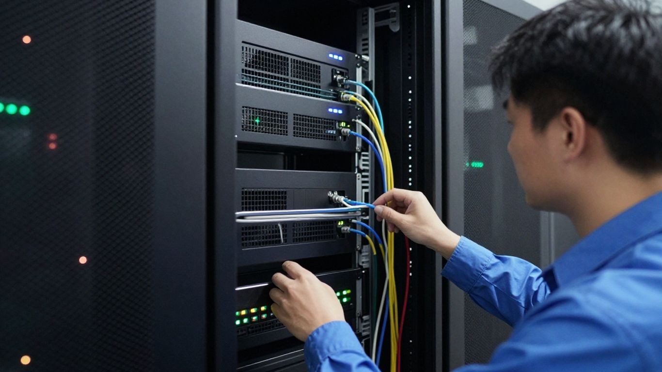 Technician monitoring server room for reliability.