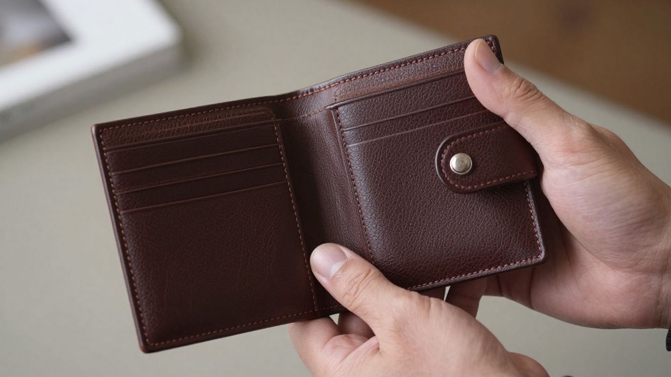 Man holding a premium leather wallet, stylish accessory.