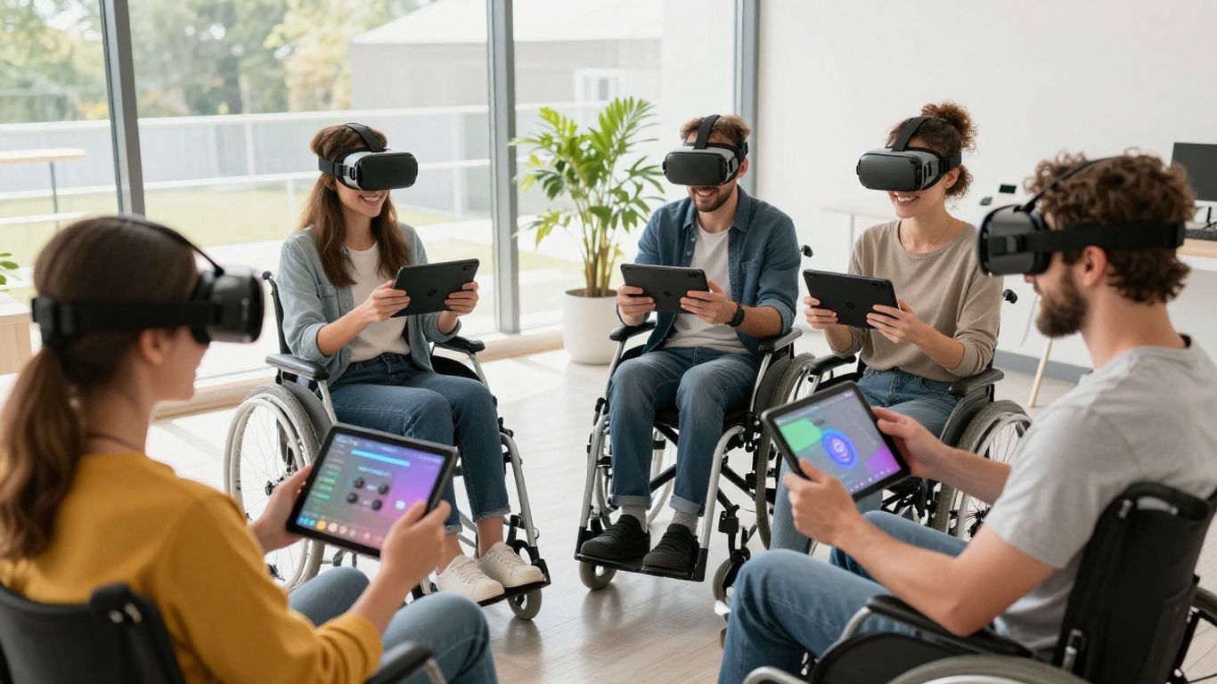 People with disabilities using technology together in bright room.