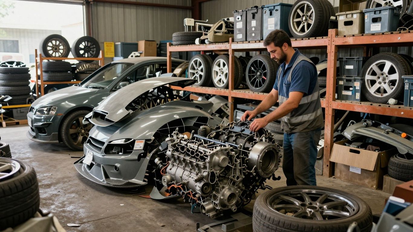 Salvage yard worker inspecting recycled car parts