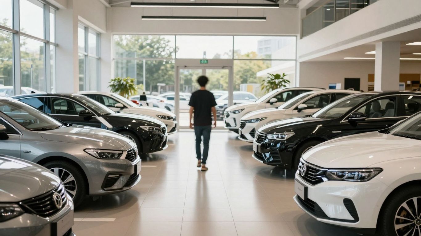 Cars in a bright showroom with a customer approaching.