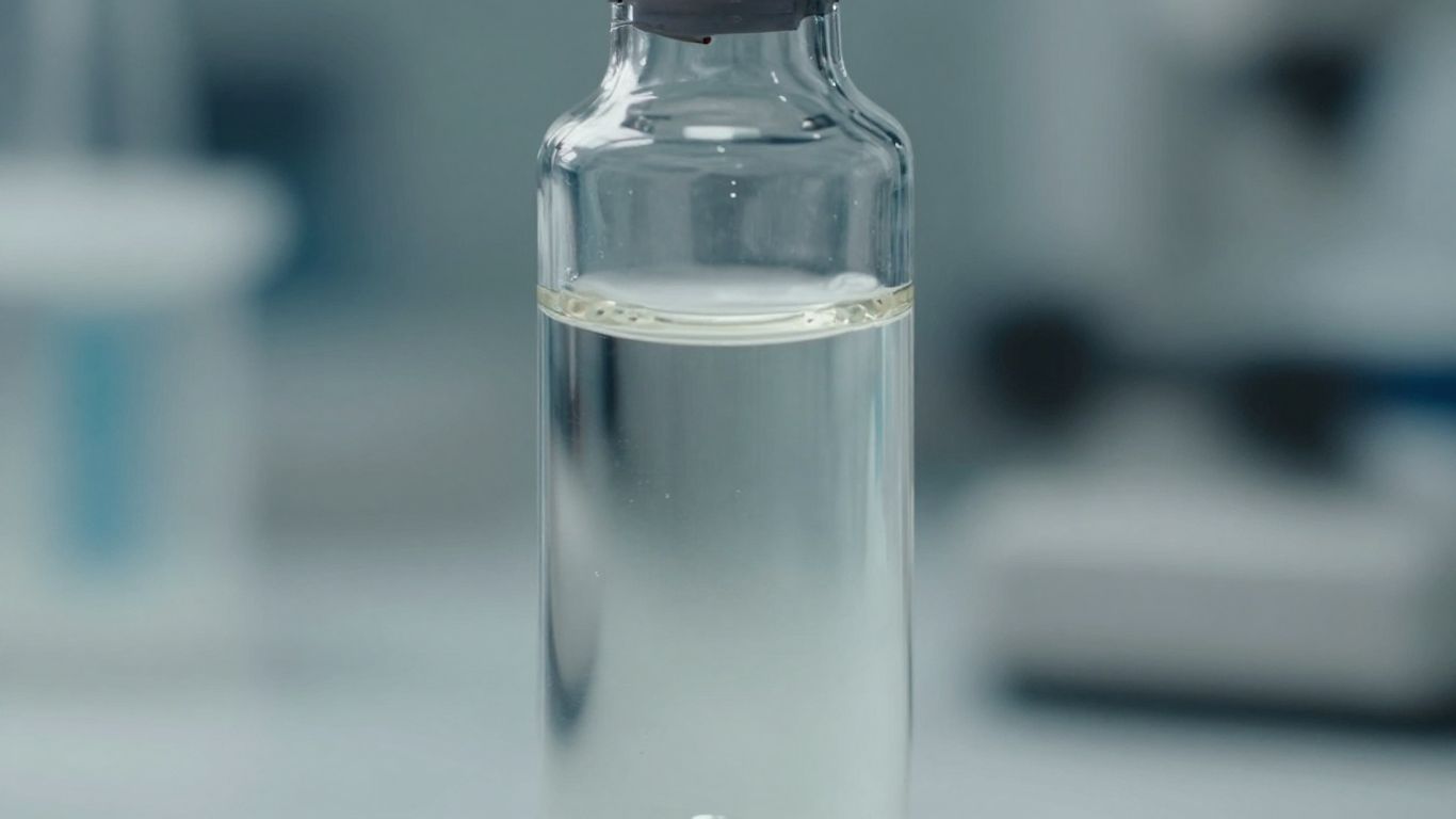 Vial of peptide solution in a lab setting.