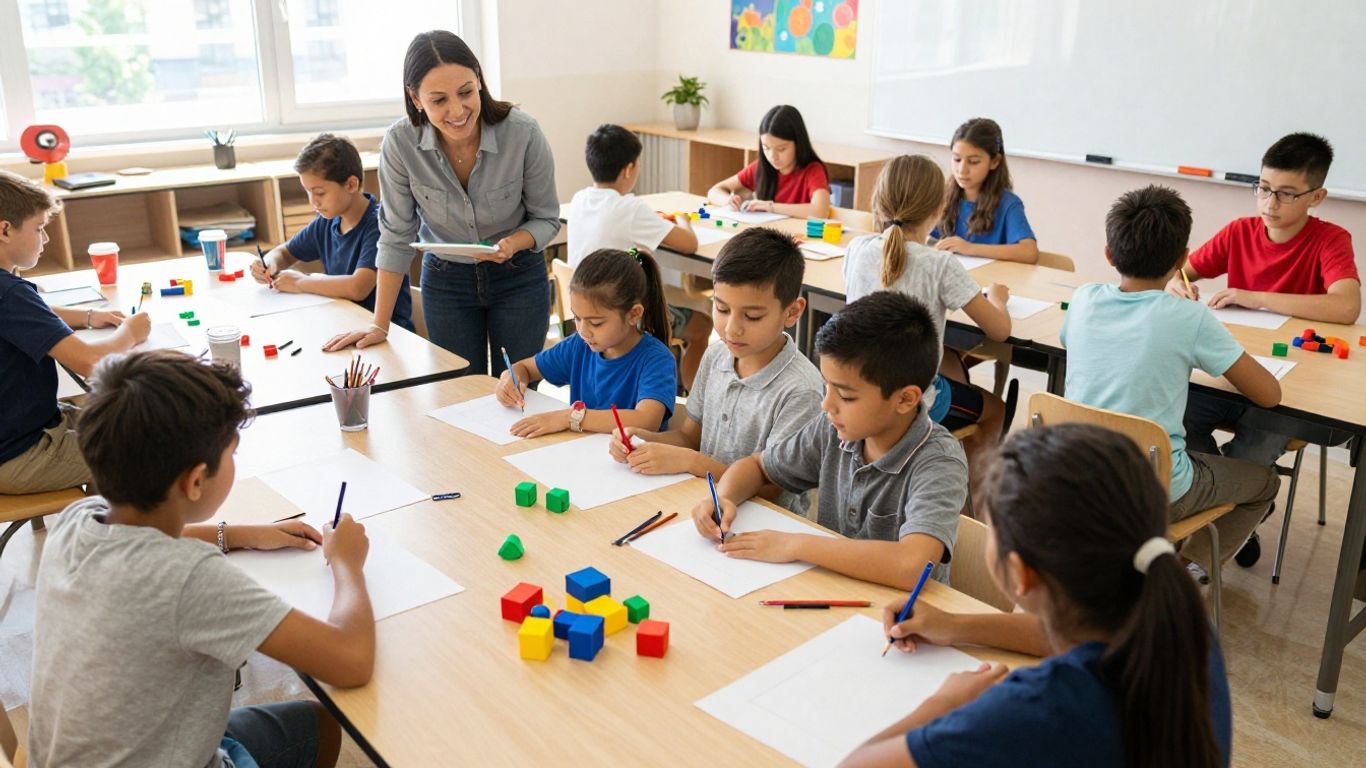 Students engaged in creative learning activities in a bright classroom.