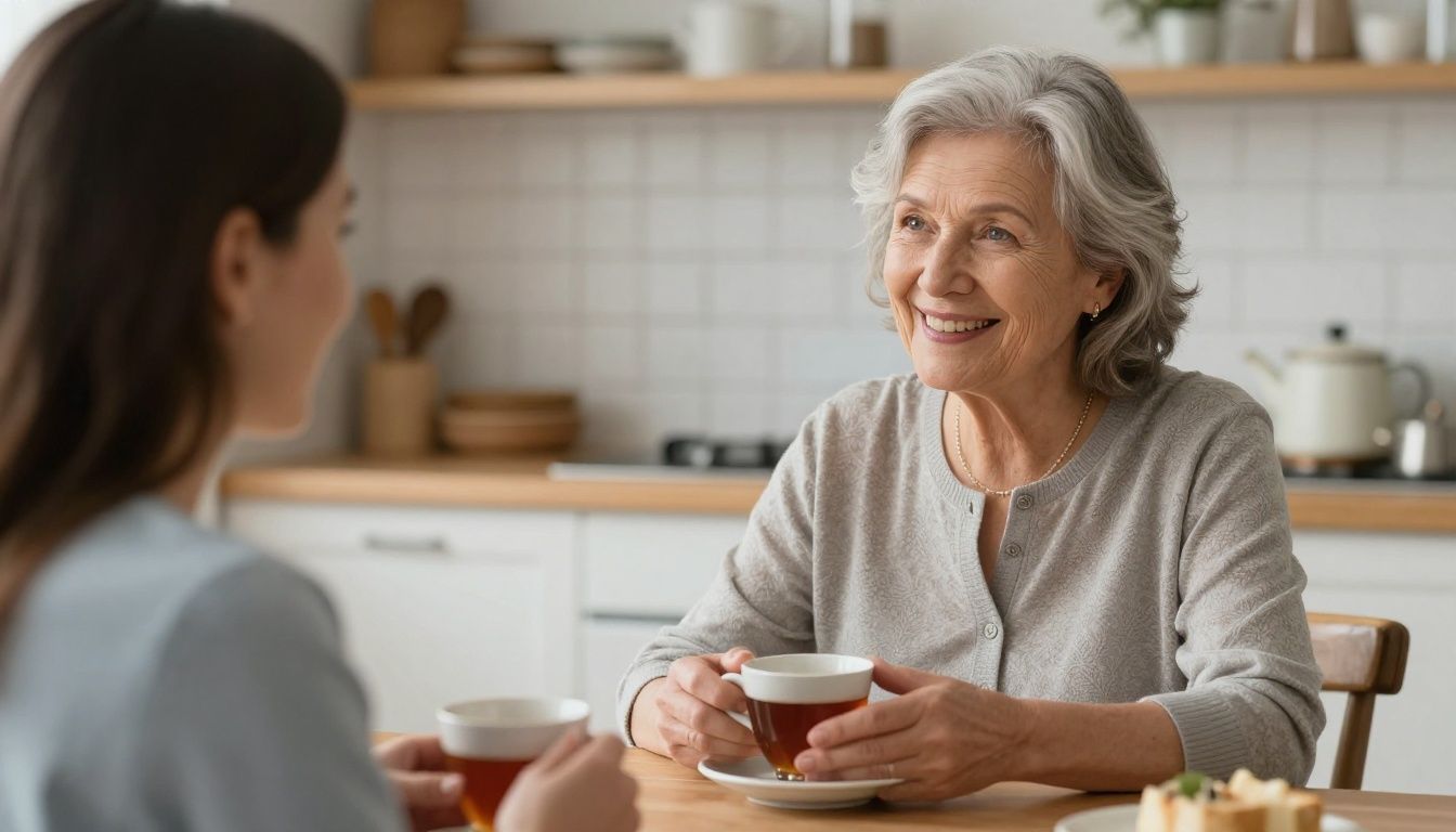 An older woman with gray hair sits at her kitchen table, smiling warmly as she talks with her adult daughter who is holding a cup of tea.