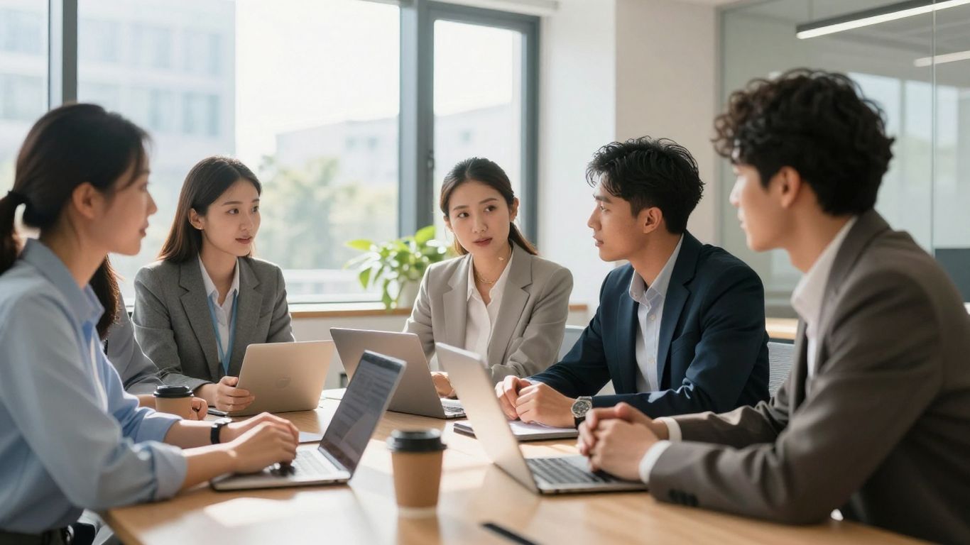 Professionnels discutant dans un bureau moderne.