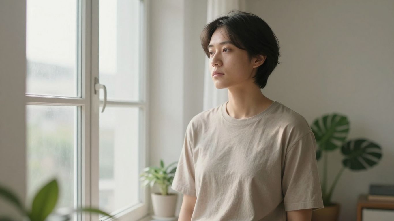 Person reflecting peacefully beside a bright window
