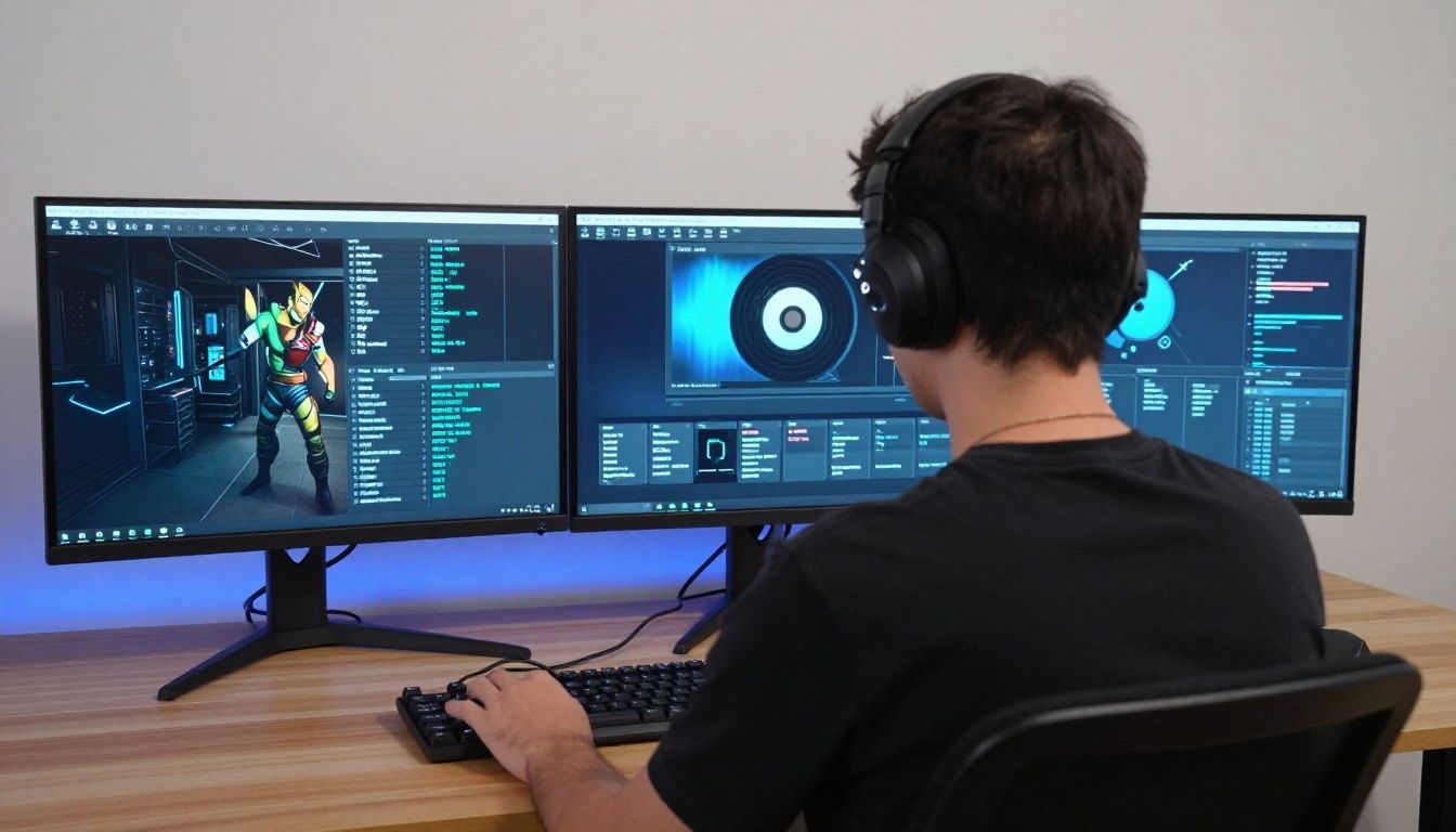 Um jogador focado ajustando configurações gráficas em um monitor gamer de alta performance com luzes neon ao fundo