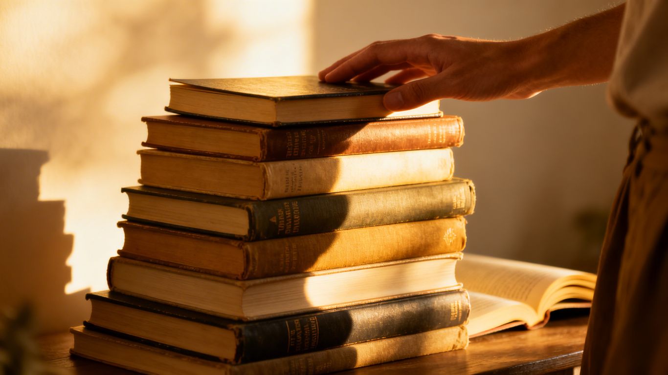 Eight books on optimism, hand touching the top one.