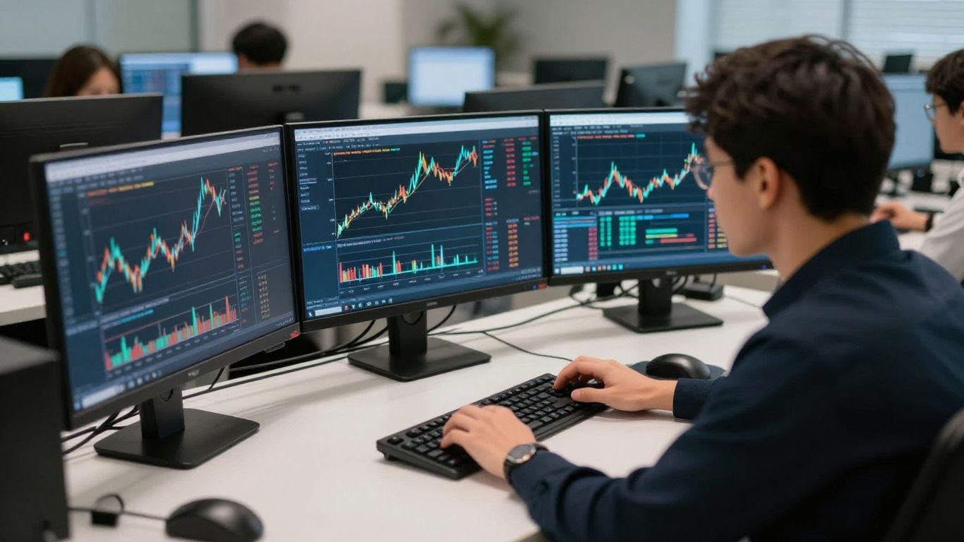 Forex trading desk with abstract financial data streams.