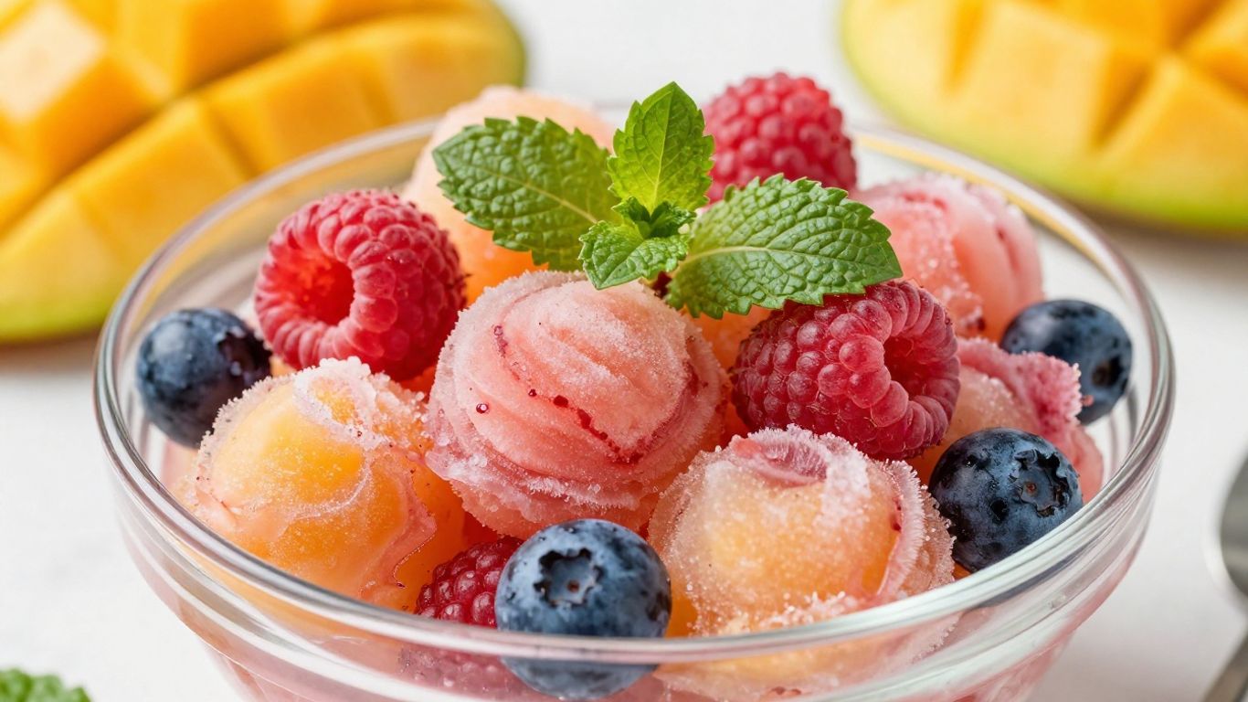 Colorful frozen fruit sorbet in a glass bowl with mint.