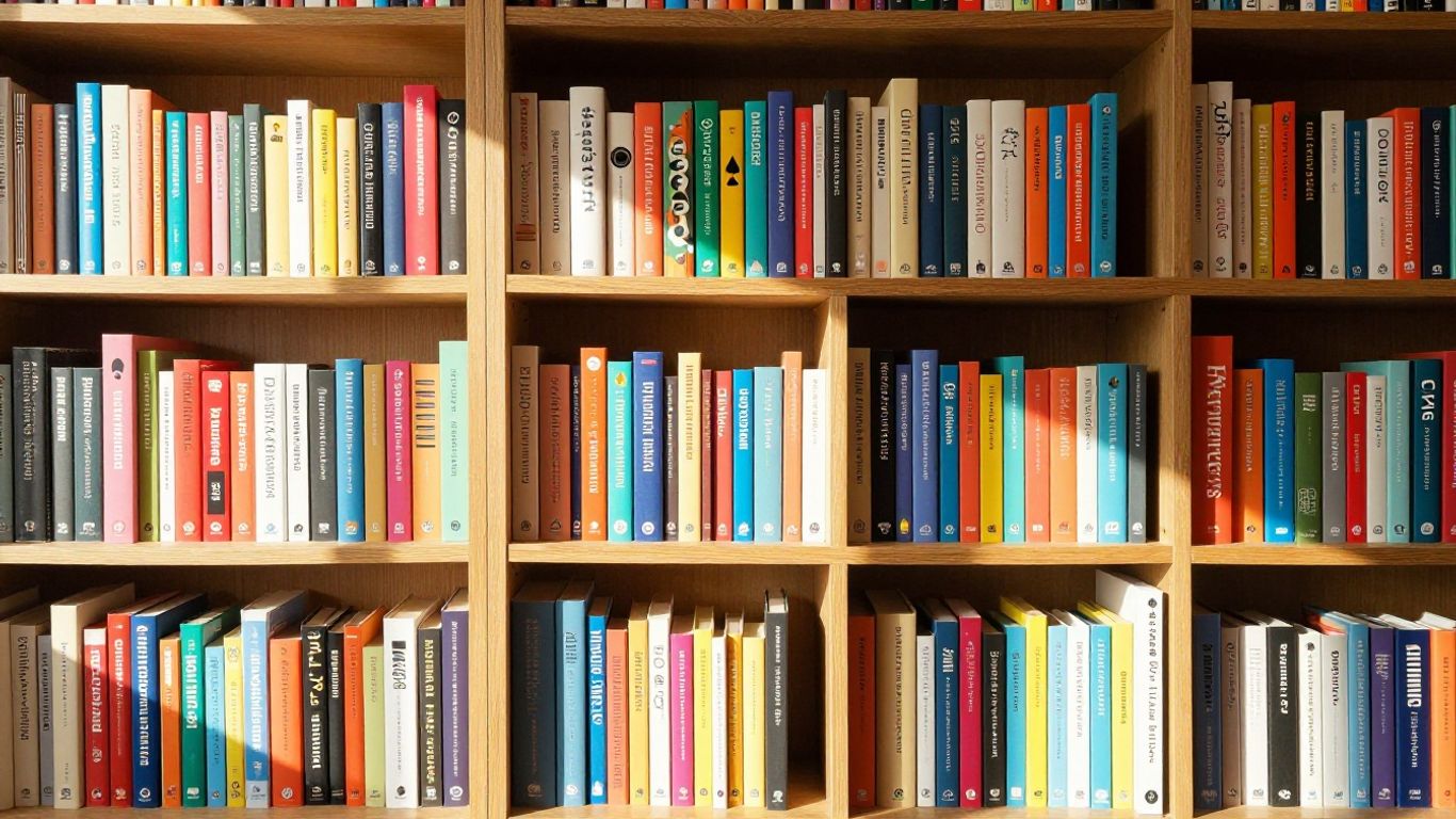 Organized bookshelf with colorful books and abstract icons.
