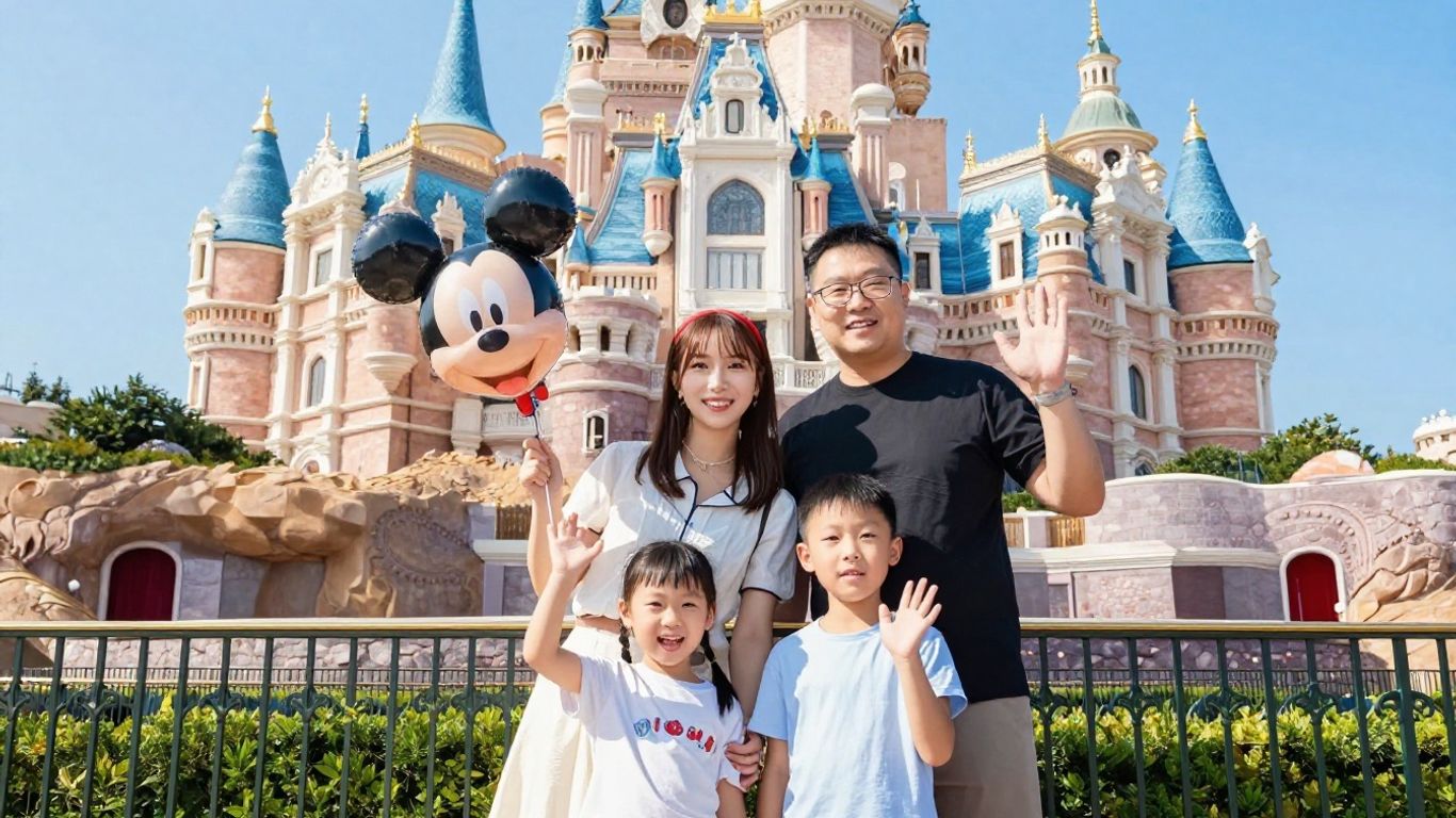 Family smiling in front of Cinderella Castle with balloon.