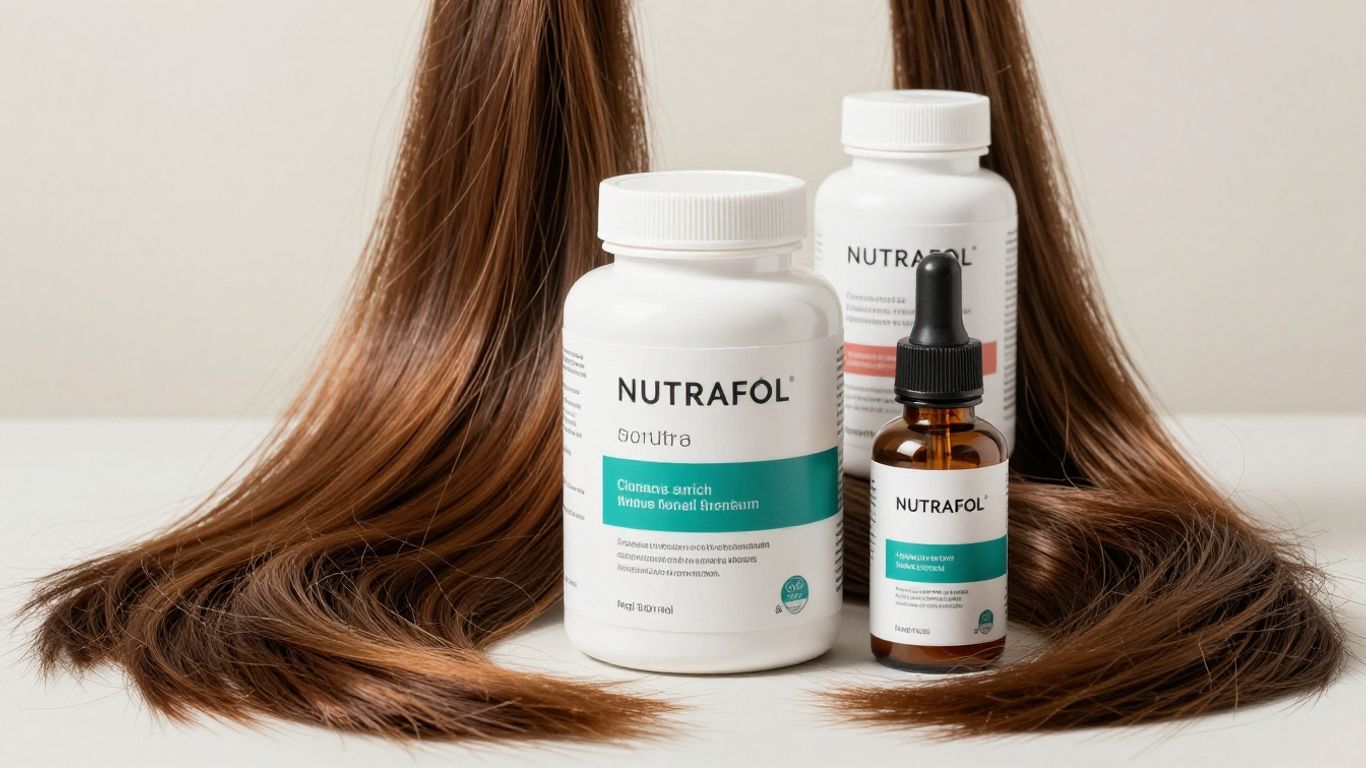 Nutrafol bottles with healthy hair strands.