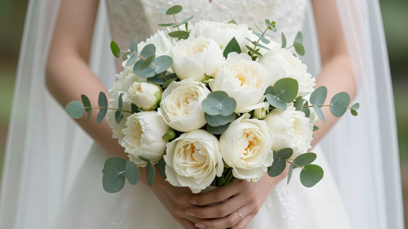 Elegant wedding bouquet with roses and peonies.