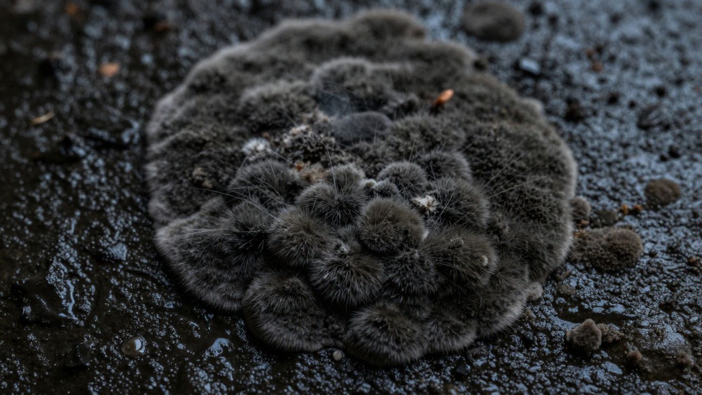 Mold growth on a damp surface, suggesting a musty smell.